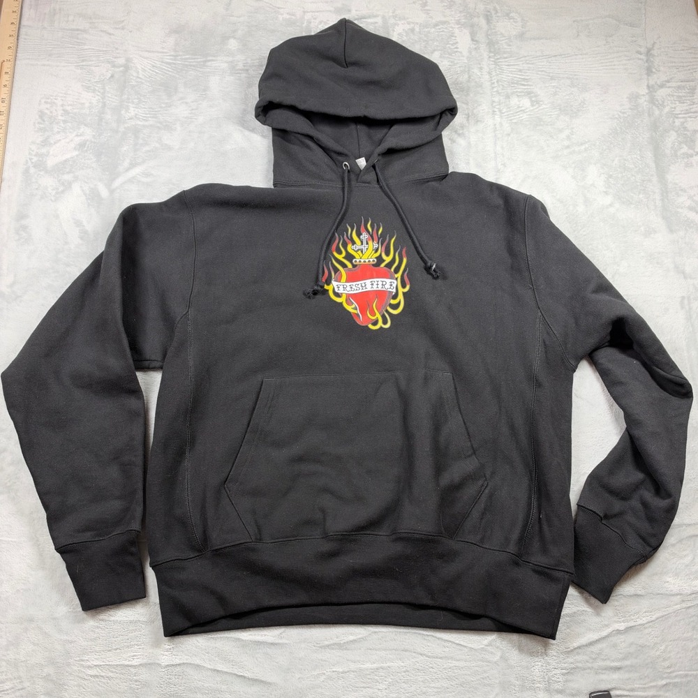 Champion Reverse Weave Hoodie Men's L Black Fresh Fire Sacred Heart Graphic